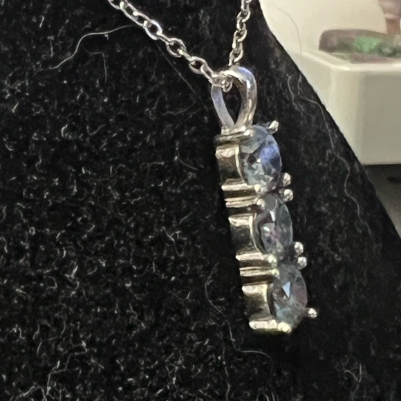 Elegant 3 stone Rainbow Blue Moissanite Pendant on Sterling Silver Necklace - Picture 4 of 12